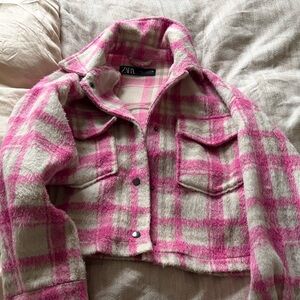 Zara Pink and Cream Cropped Checkered Jacket